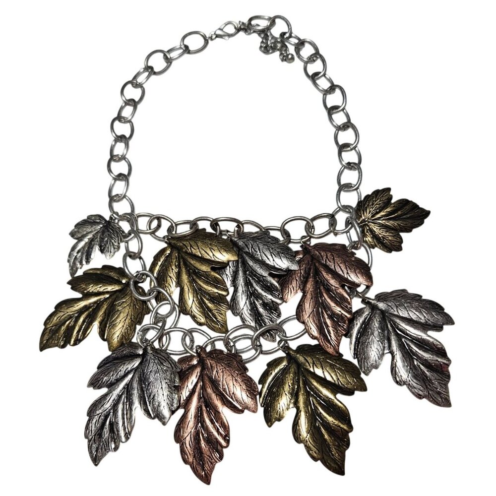 Metallic Leaf Cluster Pendant Necklace Multi Tone Silver Bronze Gold Jewelry